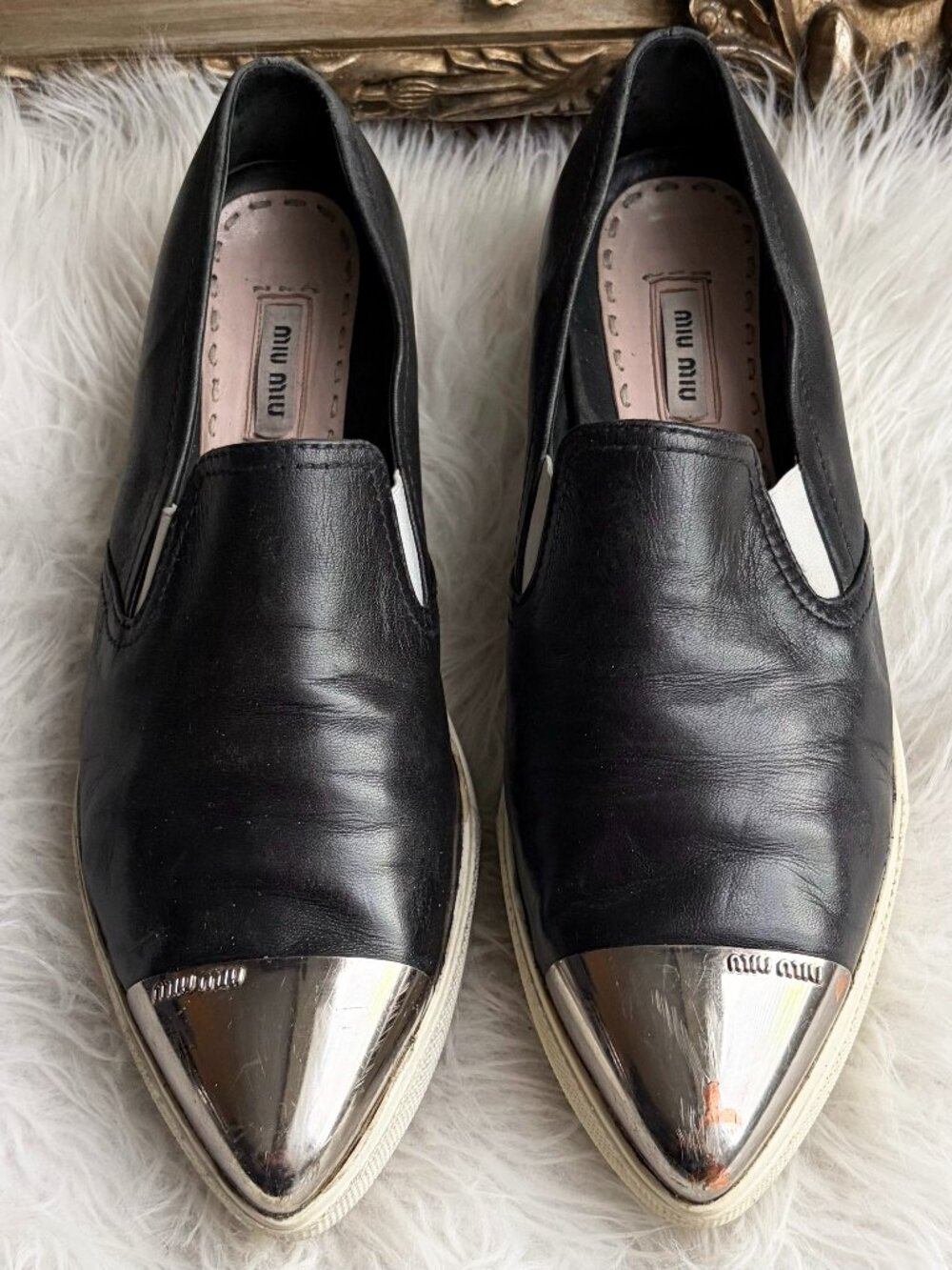MIU MIU Black Leather Slip-On Sneakers Silver Pointed Toe Size 39.5